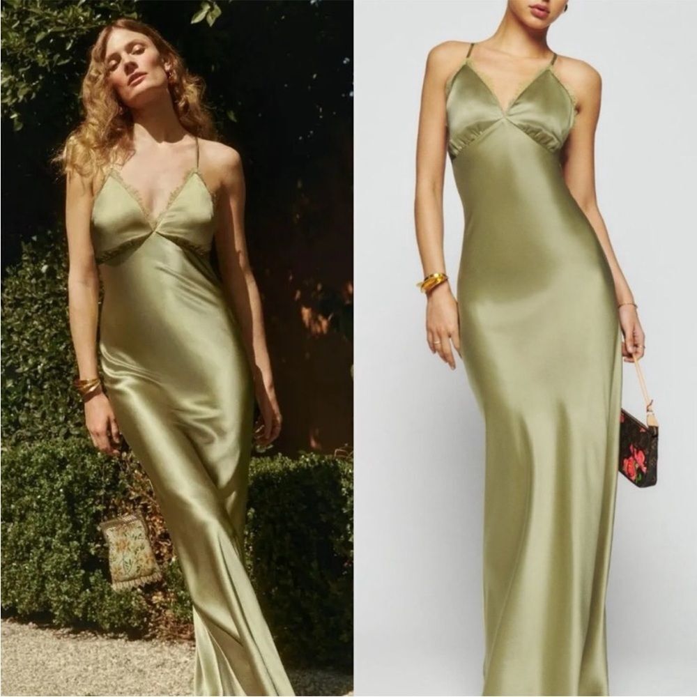 Nwt Reformation Maysen Silk Dress - Olive Oil Size 10